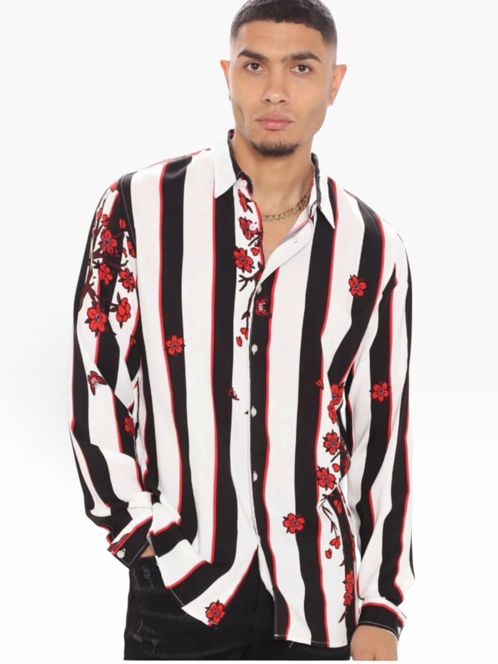 Fashion Nova Cherry Bloom Cherry Blossom Stripe Button Down Shirt XL NWT